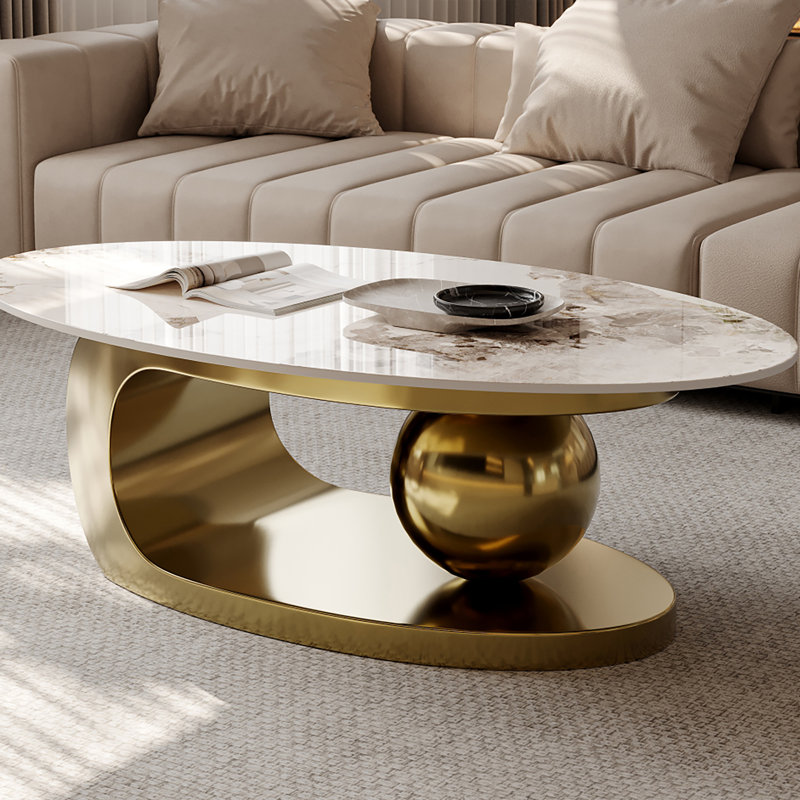 Everly Quinn Labana 51 inch Modern Oval Stone Top Coffee Table with Stainless Steel Base Reviews Wayfair